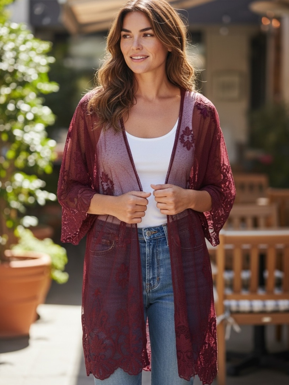 Maurices Burgundy Sheer Floral Lace Kimono